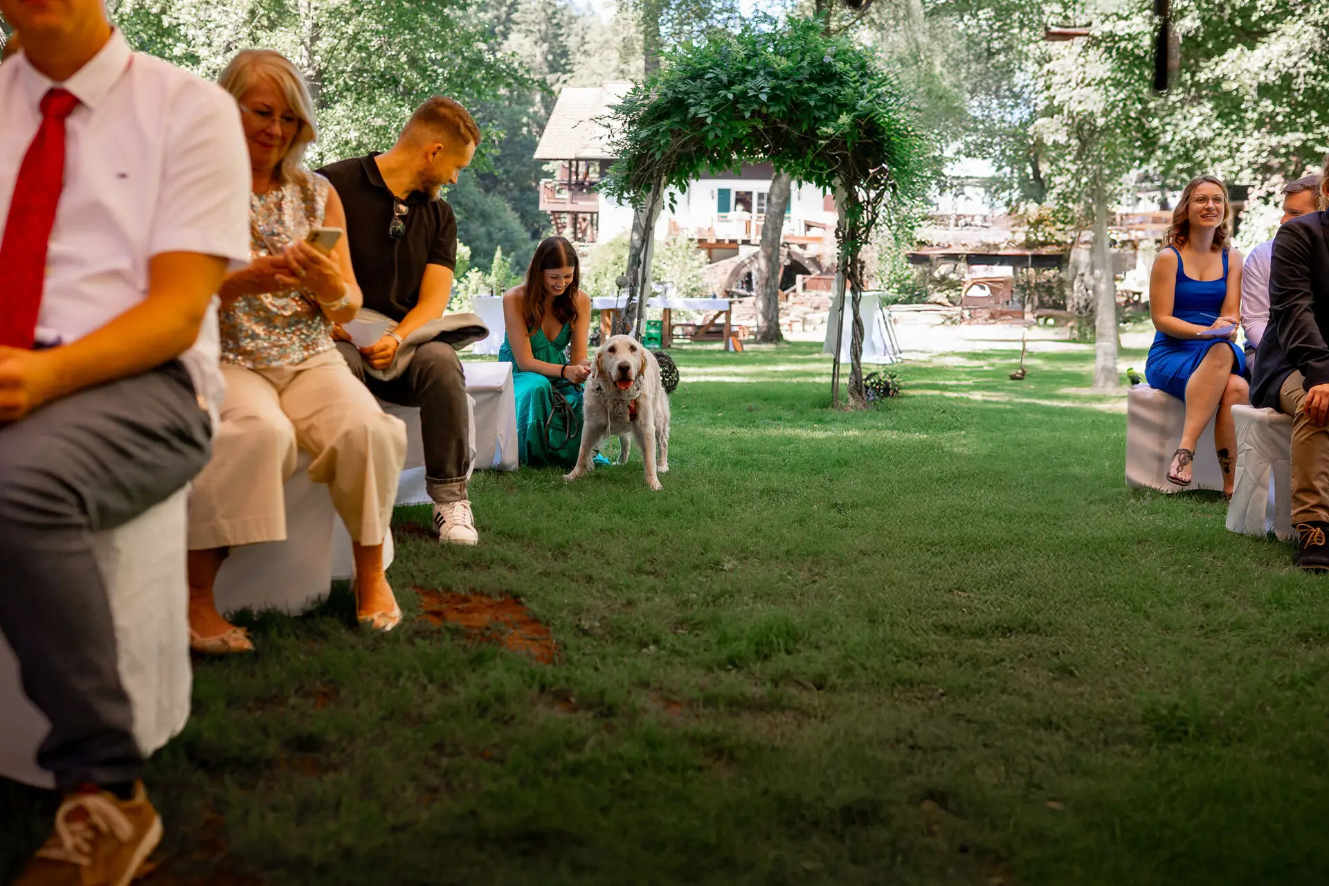 20230811 14 58 56 Hochzeit Elztal Hochzeitsfotograf Heiraten Heidelberg Landgasthof Heidersbacher Muehle 4K8A1669.BOPjWGmd Hochzeitsgesellschaft auf dem Rasen, Hund liegt entspannt dabei, historisches Holzhaus im Hintergrund