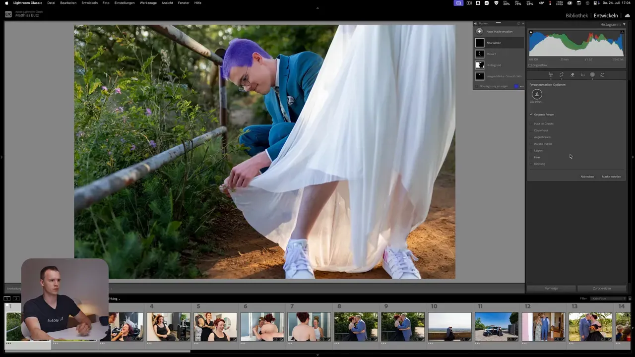 Lightroom Entwickeln-Modul mit hervorgehobenem Maskierungs-Icon und Bild, das maskiert werden kann