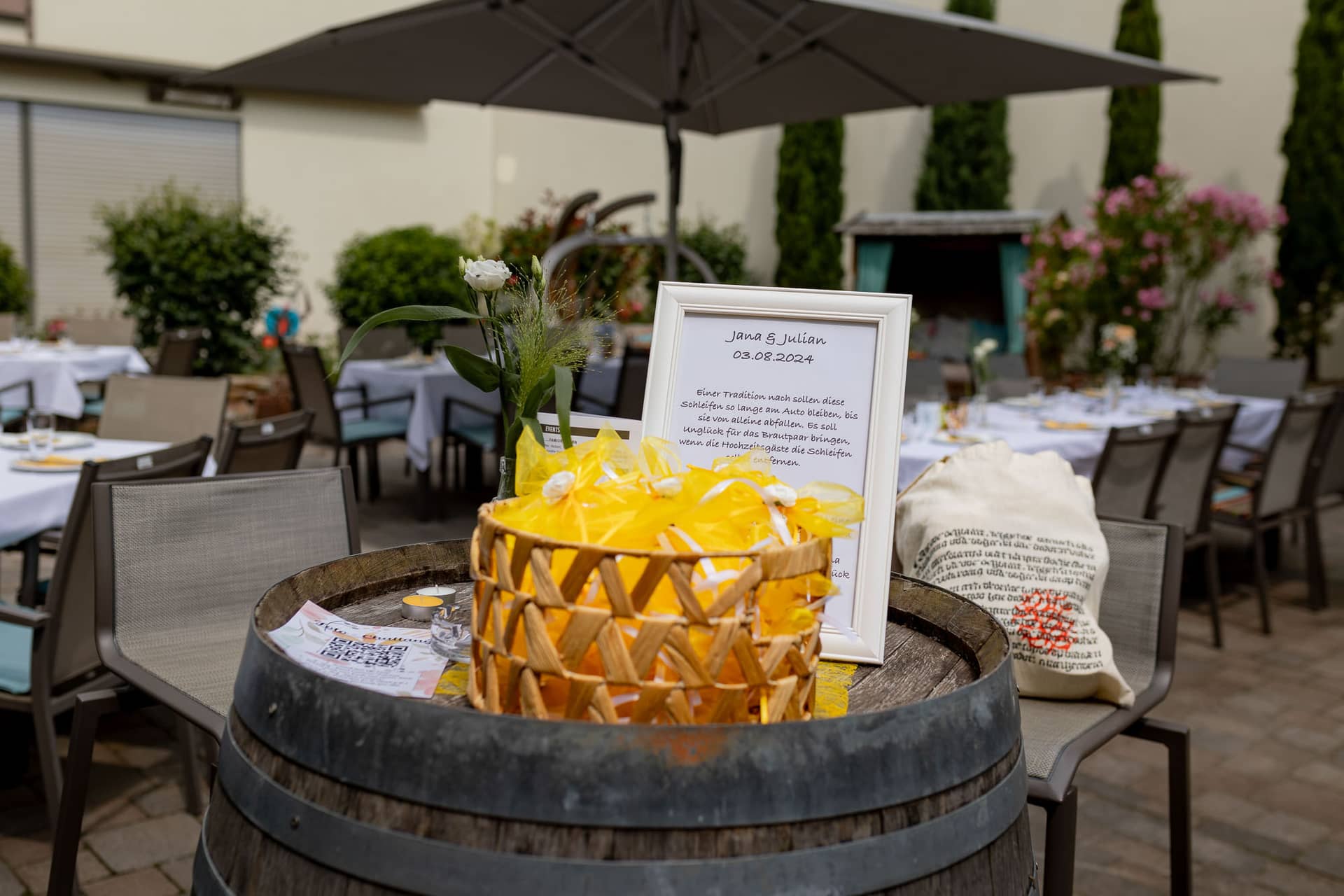 20240803 144137 4K8A7313.4 OtFFzl Hochzeitsschild "Jana & Julian" mit festlicher Tischdekoration bei der Feier im Wallhäuser Weintreff