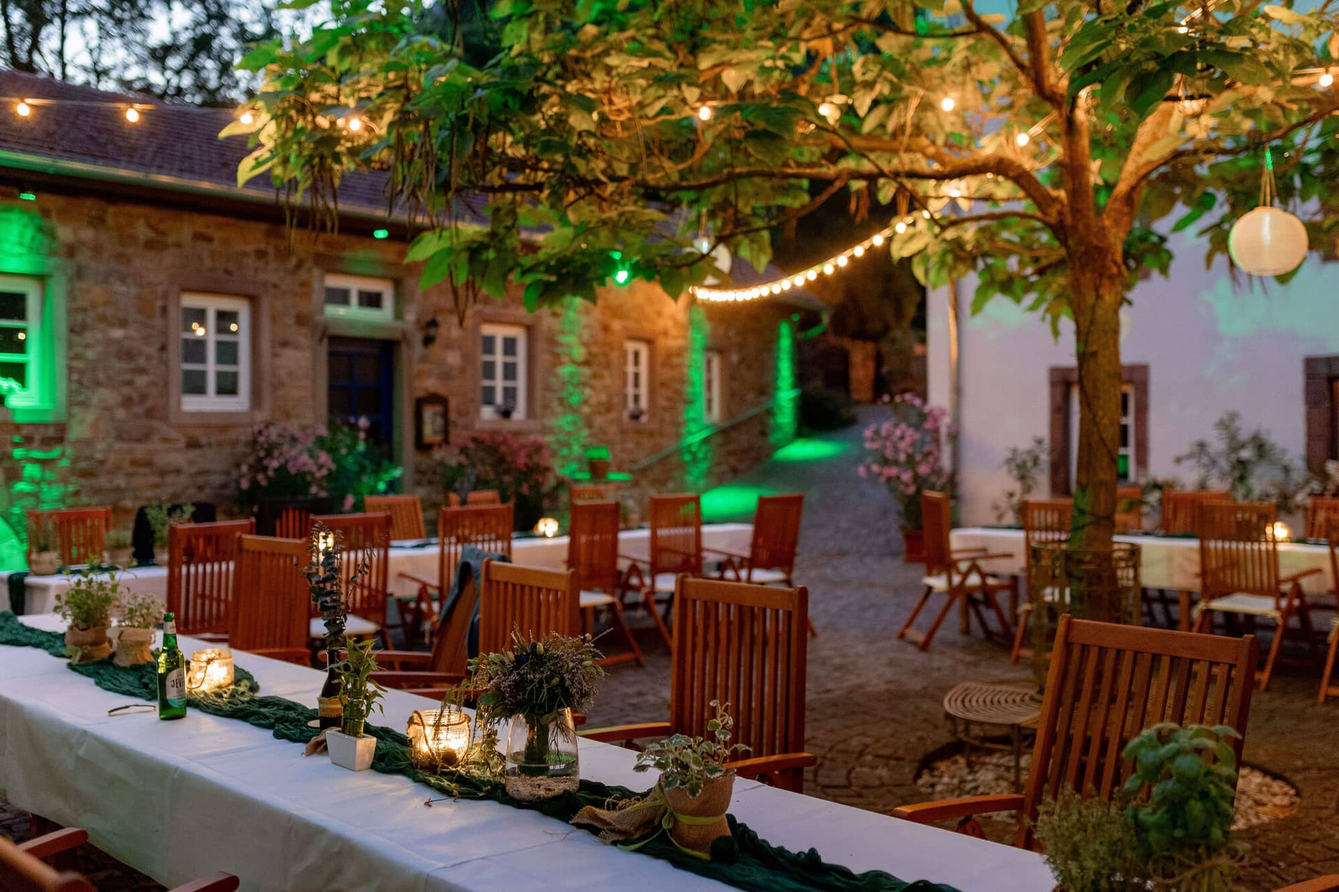 20250621 22 08 47 4K8A6850 Hochzeitsfeier Felsenmuehle Neuleinigen.Delvx4h1 Brautpaar unter Traubogen mit blauer Beleuchtung im Garten am Abend