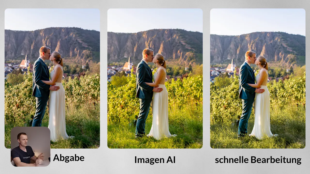 Dreispaltiger Vorher-Nachher-Vergleich einer Hochzeitsaufnahme: links 'Abgabe', in der Mitte 'Imagen AI', rechts 'schnelle Bearbeitung'
