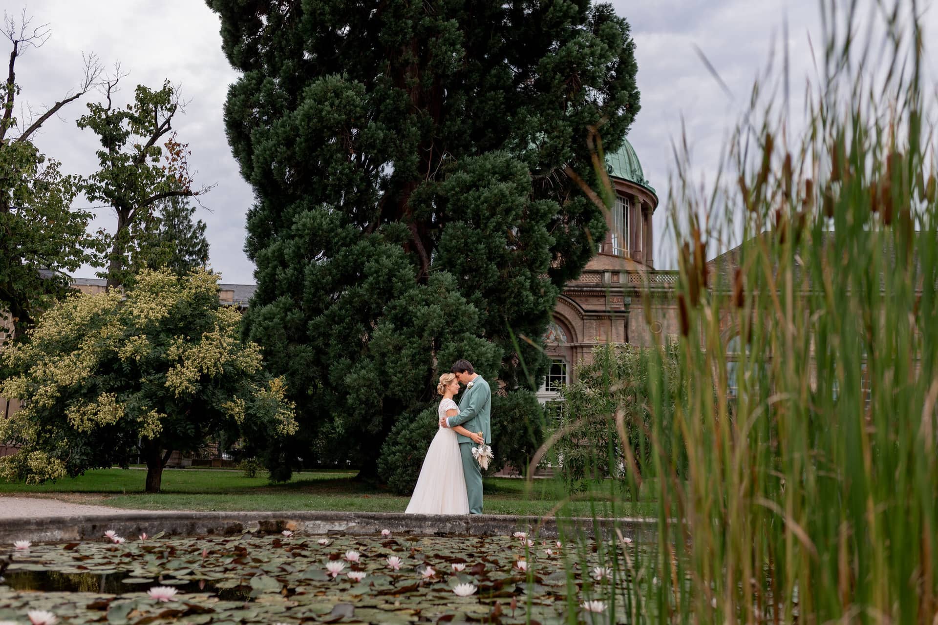 Hochzeitsfotograf Karlsruhe Daniela Matthias 20230819 14 12 06 4K8A5324.BfmeIc28 Brautpaar küsst sich unter einem alten Baum am Seerosenteich vor historischem Gebäude im Schlossgarten Karlsruhe