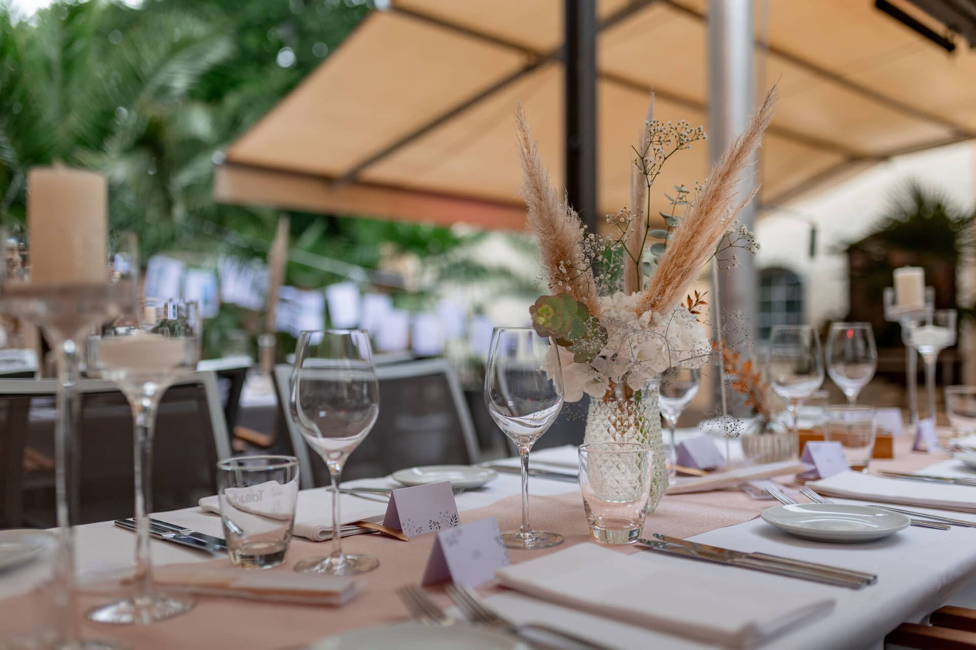 Hochzeitsfotograf Karlsruhe Daniela Matthias 20230819 15 05 54 4K8A6516.BWTnhftU Tischdekoration mit getrockneten Gräsern und Grünpflanzen in Glasvasen auf dem festlichen Hochzeitstisch im Freien