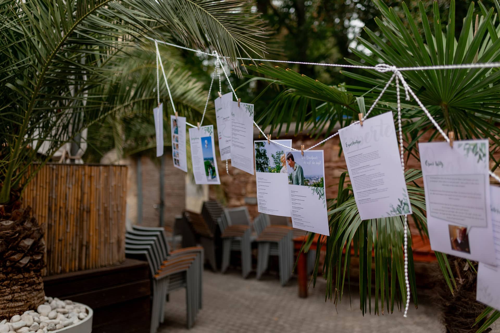 Hochzeitsfotograf Karlsruhe Daniela Matthias 20230819 15 06 21 4K8A6524.BY9DVZ9M Hochzeitskarten hängen an einer Leine zwischen Palmenblättern über Steinmauer mit Sitzgelegenheiten