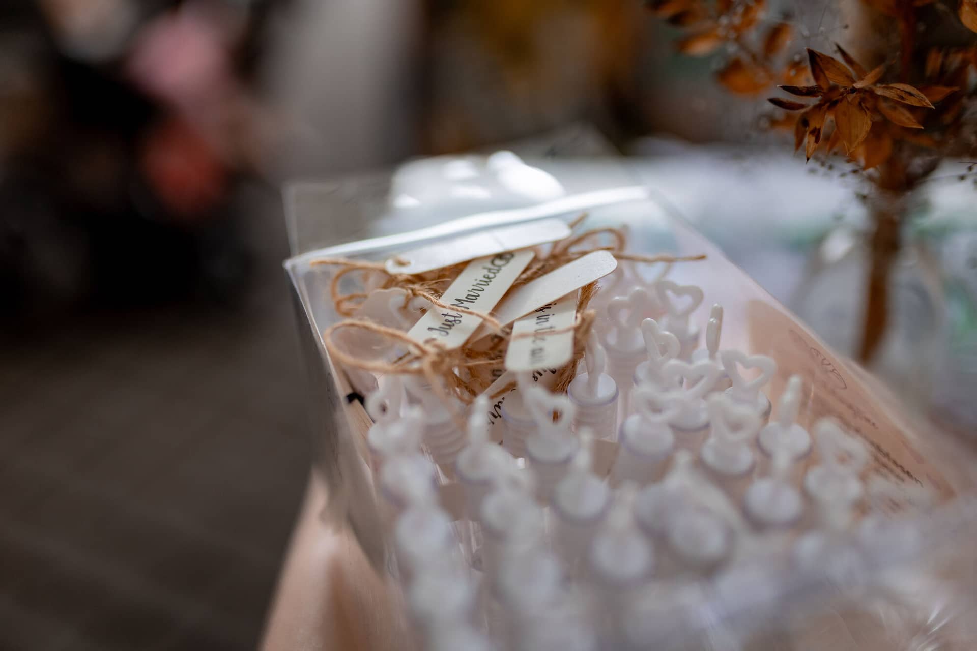 Hochzeitsfotograf Karlsruhe Daniela Matthias 20230819 15 10 13 4K8A6595.BiwNnARy Weißes Geschenkboxen mit „Just Married"-Schriftzug auf Holztisch mit getrockneten Blumen als Gastgeschenke