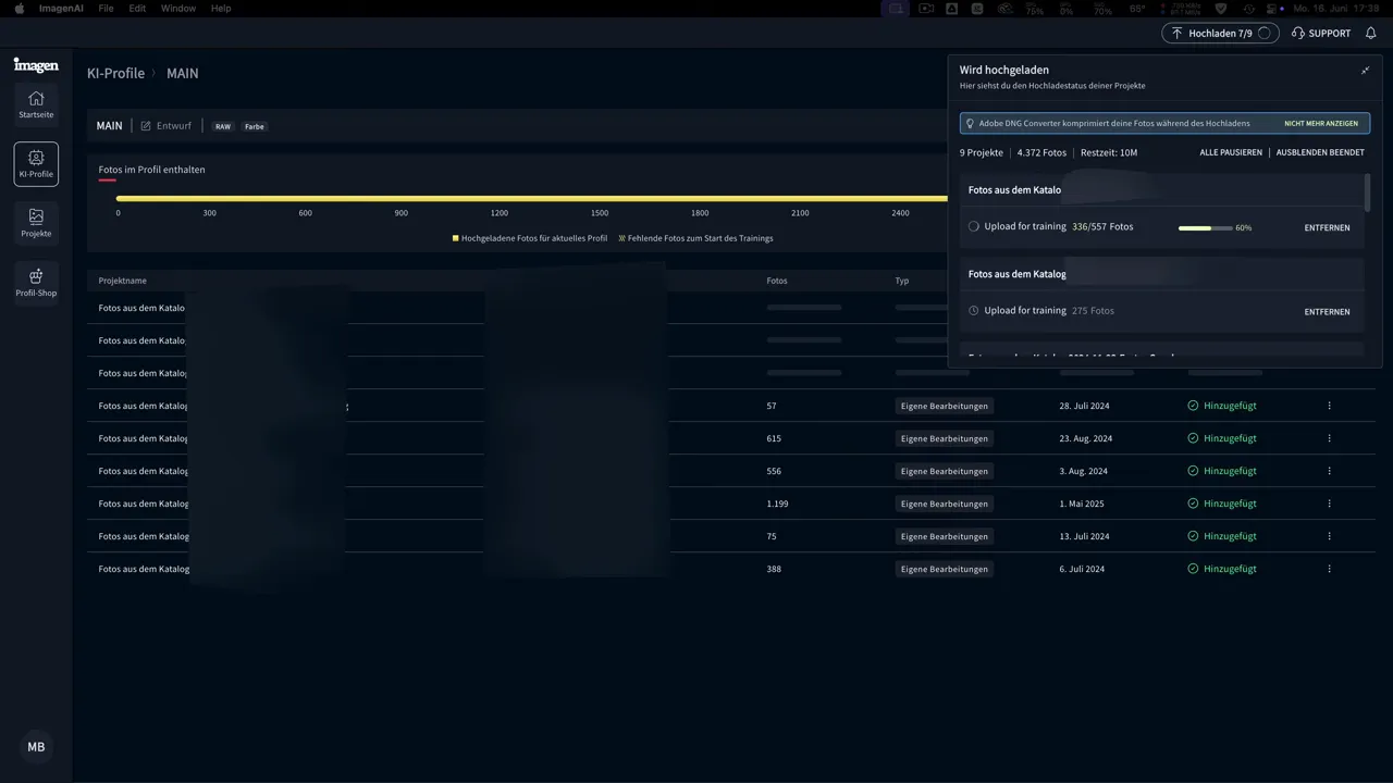 Interface von Imagen AI zeigt Profile, Zaehler und Upload-Fenster