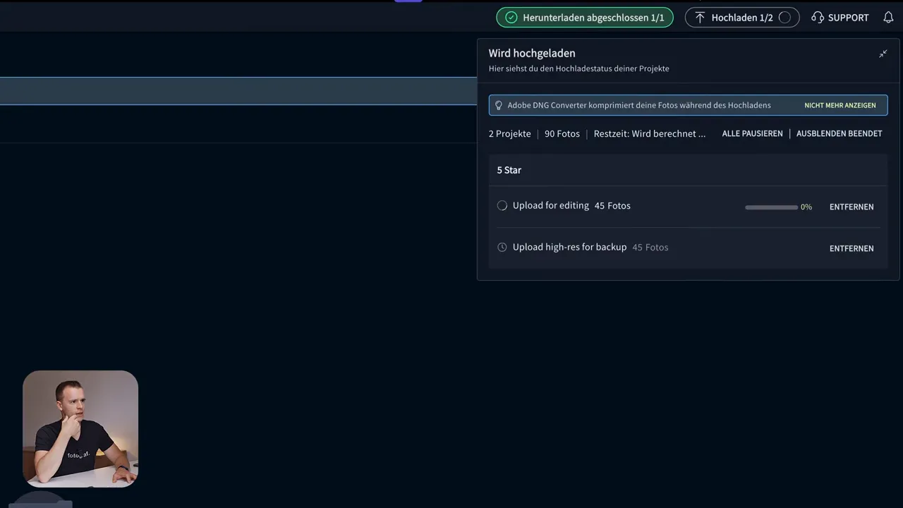 Screenshot des Upload-Status in Imagen AI mit Fortschrittsanzeige und Upload-Optionen