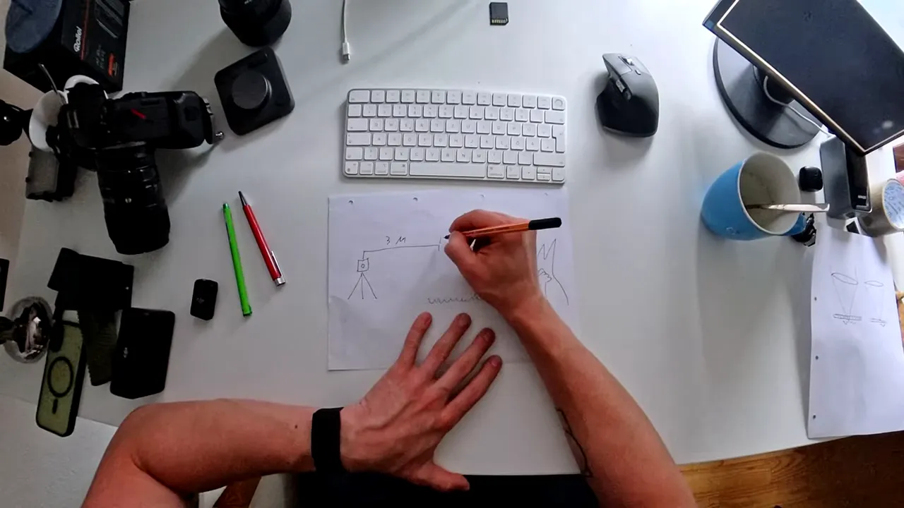 Topdownaufnahme: Hand schreibt ‚3 m‘ auf eine Skizze mit Kamera und Baum